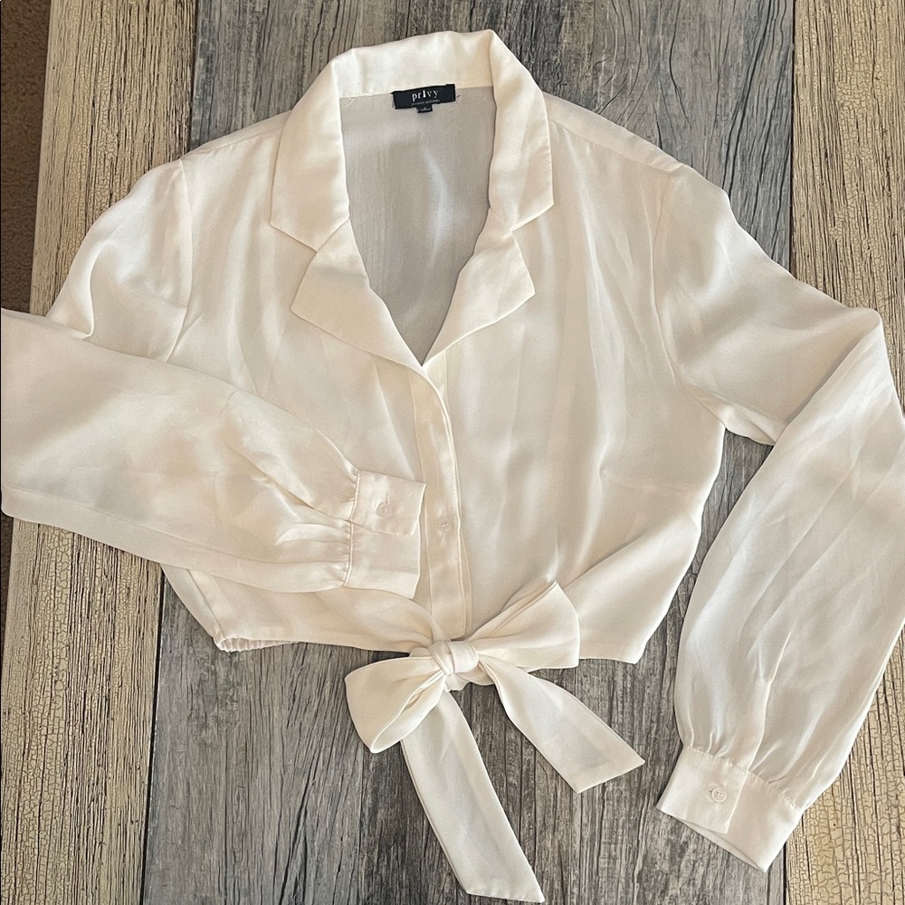 privy White Satin Tie-Front Blouse